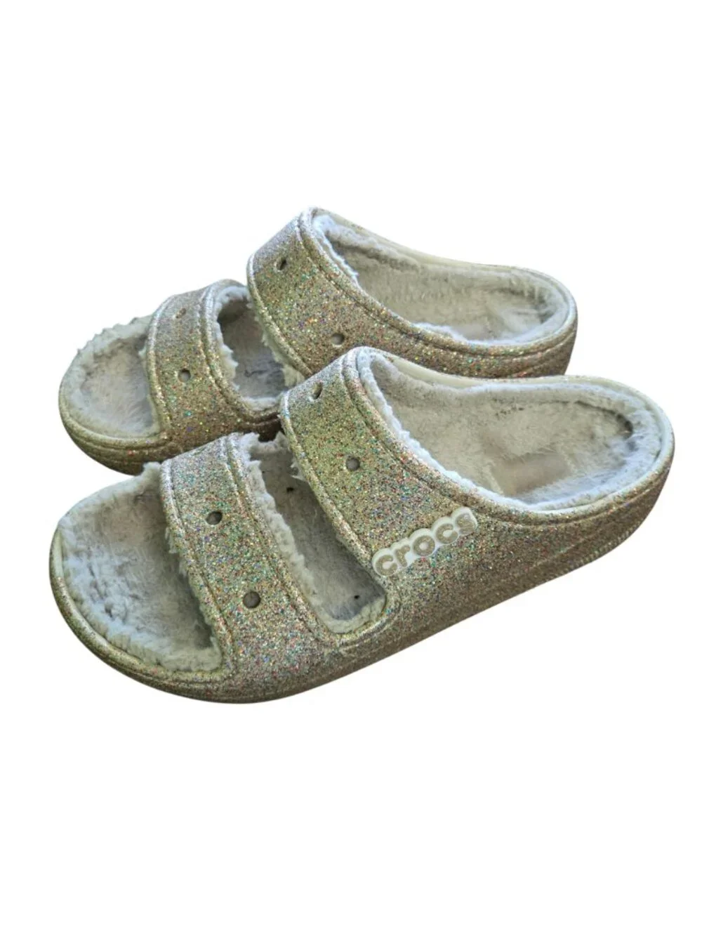 Crocs Classic Cozzy Glitter Sandals Gold Multi Faux Sherpa Lined Size M 7/W 9
